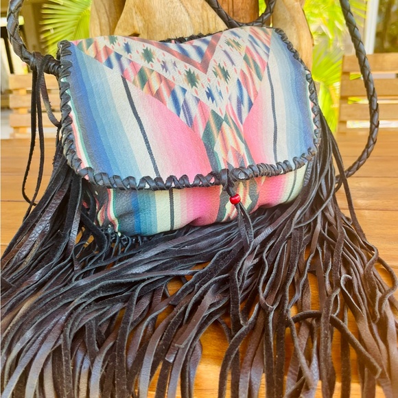 $770~TOTEM SALVAGED Western Saltillo Serape Leather Fringe Crossbody Purse - Picture 14 of 14
